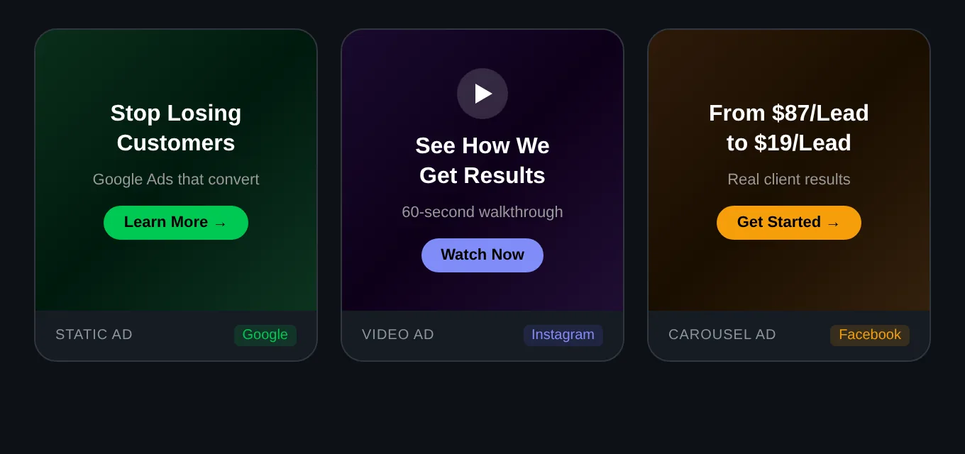 Three ad creative examples produced in-house by GreenLightAds including static, video, and carousel formats
