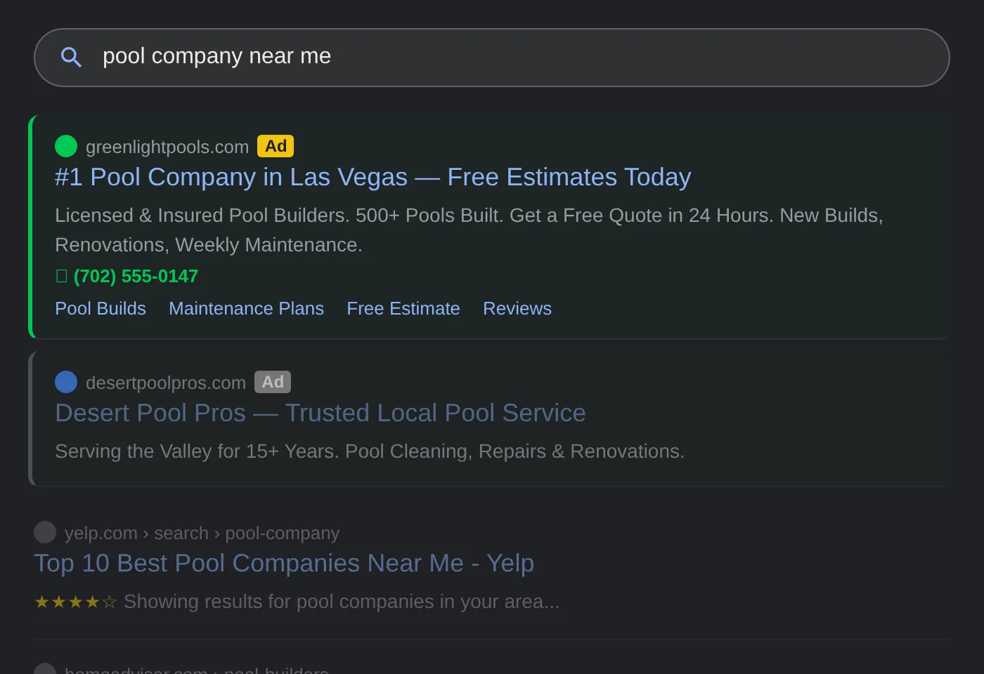 Google search results showing a local pool company ad managed by GreenLightAds at the top of the page