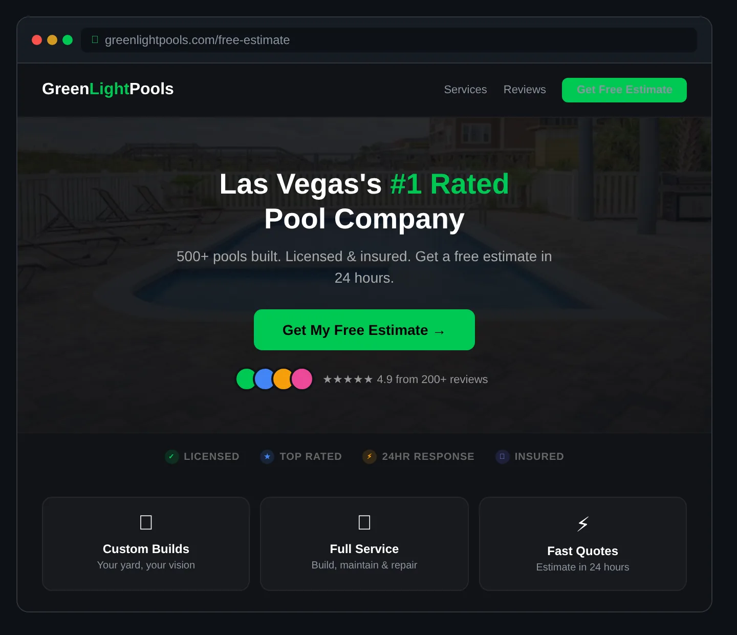 High-converting landing page designed by GreenLightAds for a pool company with a clear call to action