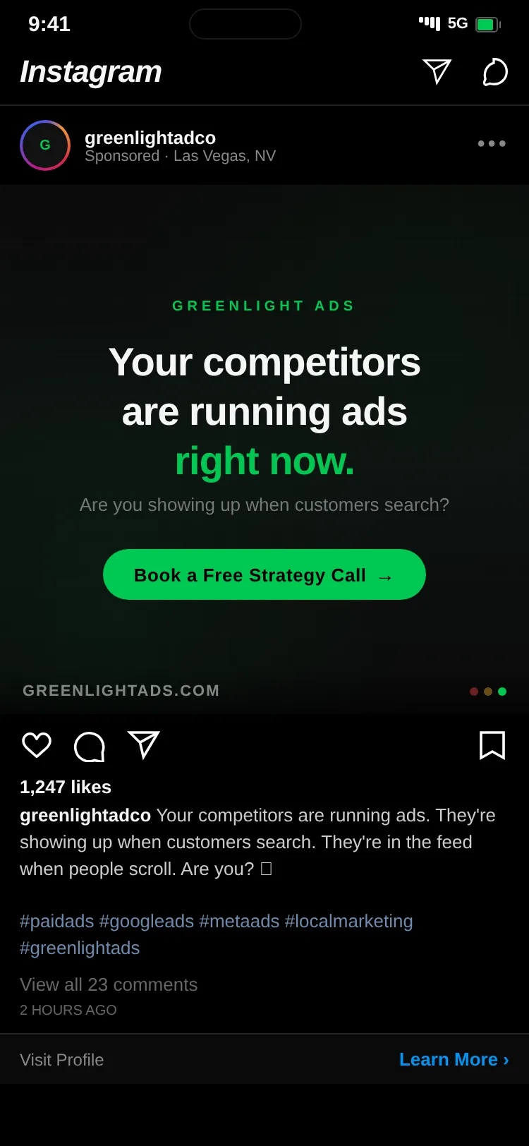 Instagram ad on a phone showing a GreenLightAds social media campaign for a local service business